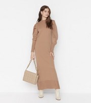 Trendyol Camel Knit Ruched Puff Sleeve Maxi Dress